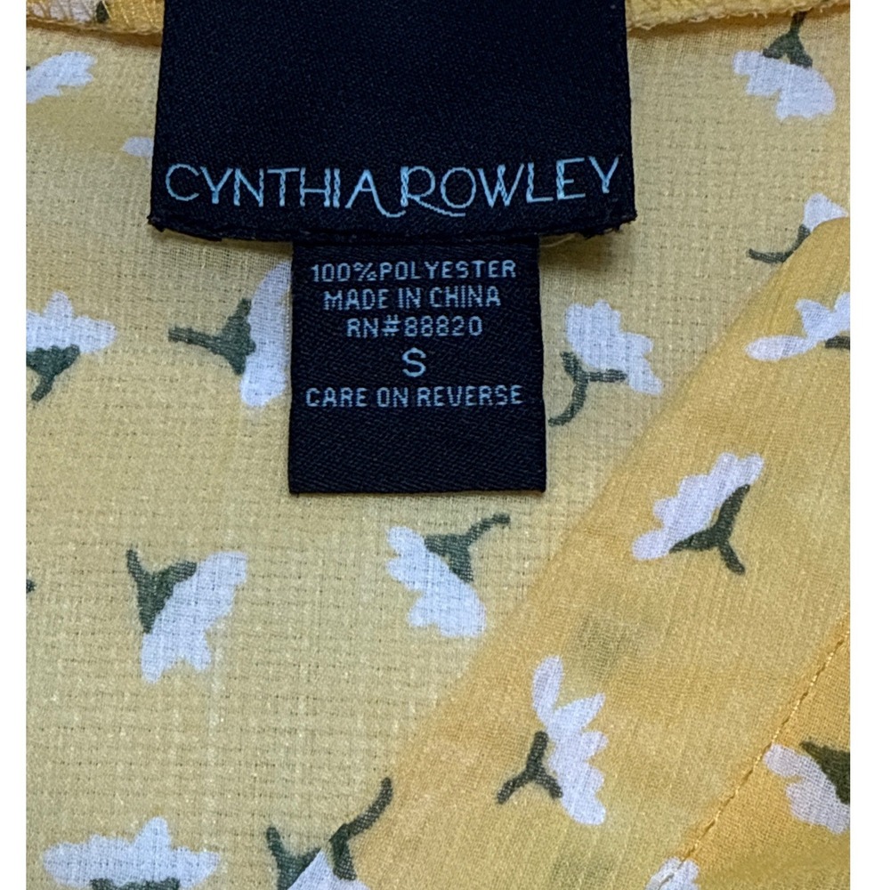 Cynthia Rowley Womens Yellow Floral Button Tab Sleeve Chiffon Blouse Size S - Picture 7 of 8